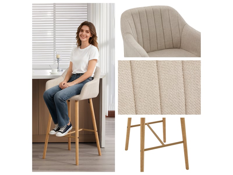  Lot de 4 chaises de bar, siège 75 cm de haut, avec accoudoirs et repose-pieds, pieds en bois massif, beige  - Conforama D