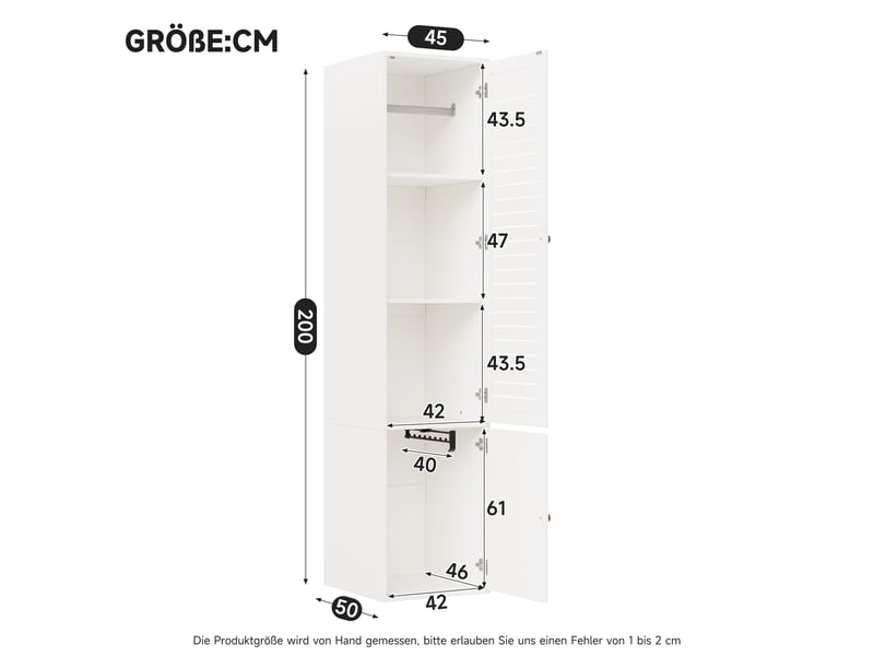  Armoire étroite de chambre 45 x 50 x 200 cm avec 1 porte à persiennes, 3 compartiments et tringle, armoire haute, blanc  - Conforama C