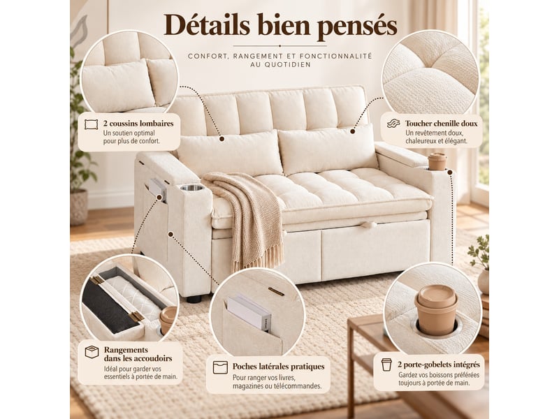 Canapé convertible 2 places 3-en-1 142 × 89 × 89 cm en chenille, rangements, poches latérales, 2 porte-gobelets, beige - Conforama B