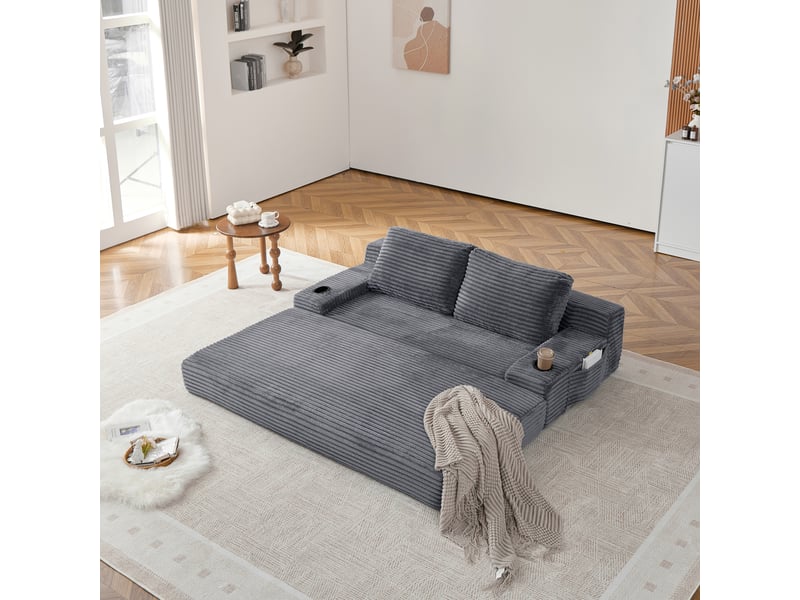 Canapé-lit convertible 2-en-1 en velours côtelé, avec 2 coussins, porte-gobelets intégrés et poches de rangement latérales - gris - Conforama D