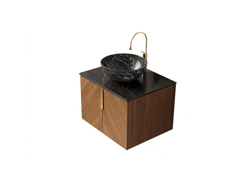  Meuble salle de bain suspendu 61 cm chêne brun avec vasque à poser en céramique noire  - Conforama A