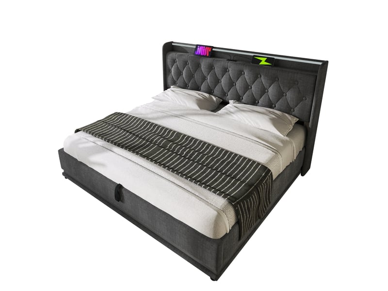  Lit double coffre 140 x 190 cm gris en lin avec led 360° et ports usbtype-c  - Conforama A