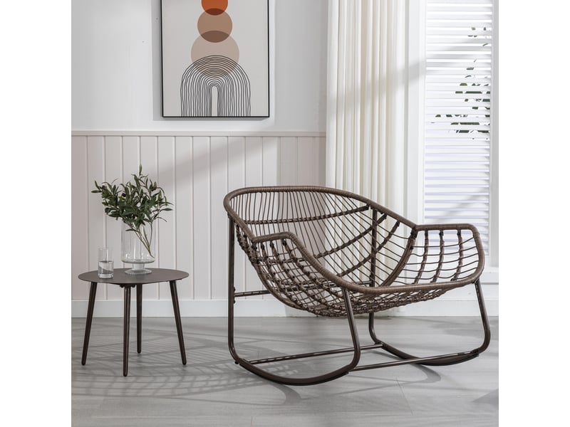 Fauteuil à bascule extérieur en résine tressée blanc avec coussin rembourré, pour terrasse et jardin - Conforama E