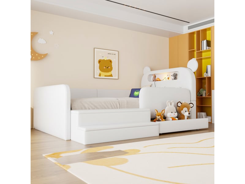 Lit enfant 90x200 cm blanc en similicuir avec tête de lit ours, veilleuse, usb et rangement - Conforama R