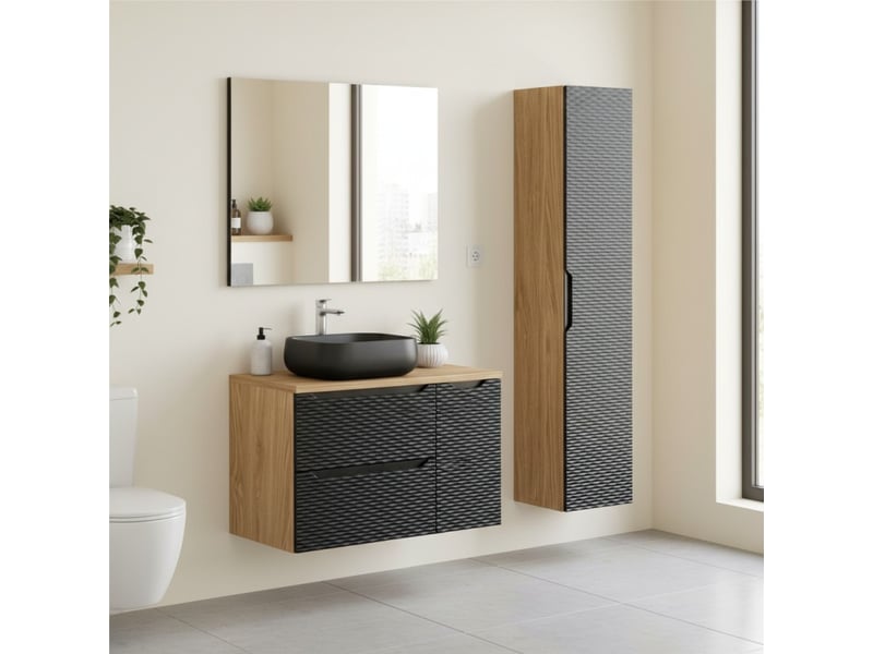  Ensemble de salle de bain yoka noir : meuble de rangement 30 cm + plan pour vasque  - Conforama B