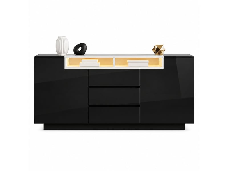  Buffet bas 140 x 40 x 68 cm noir avec 2 portes, 3 tiroirs et éclairage led  - Conforama A
