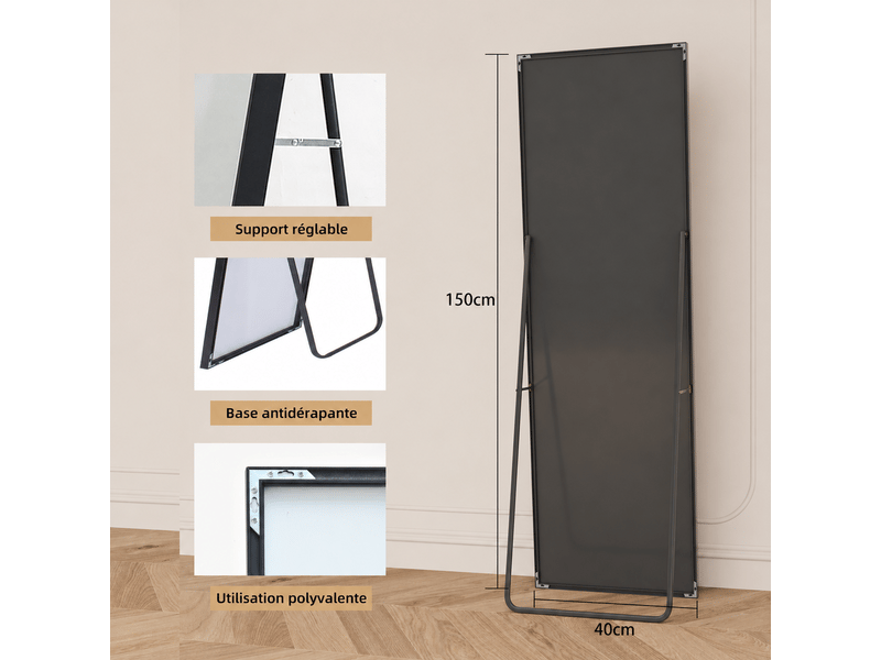 Miroir complet rectangulaire 150 × 40 cm, miroir de sol sur pied avec support, miroir décoratif pour chambre à coucher, salle de bain, entrée, couloir, noir - Conforama D