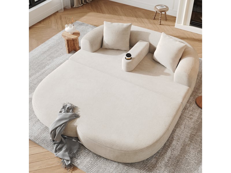  Canapé de sol compressé 184 cm 2 places, convertible en lounge avec accoudoir central amovible et porte-gobelet, velours côtelé beige  - Conforama C