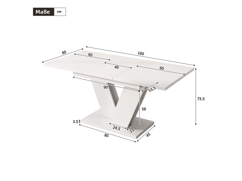 Table à manger extensible 120-160 x 80 cm, 4 à 8 places, mdf blanc, pieds en v - Conforama C