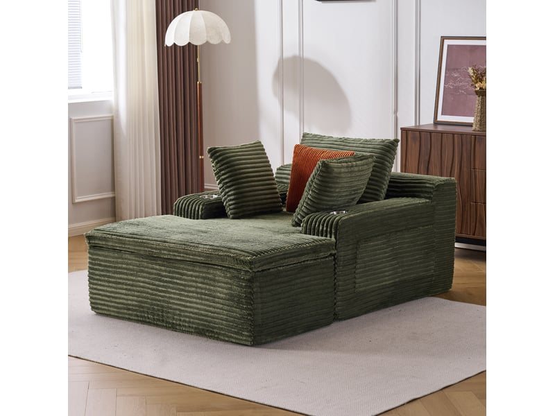  Canapé de sol 1 place en velours côtelé vert avec méridienne, 3 coussins et 1 plaid, sans montage pour votre salon  - Conforama B