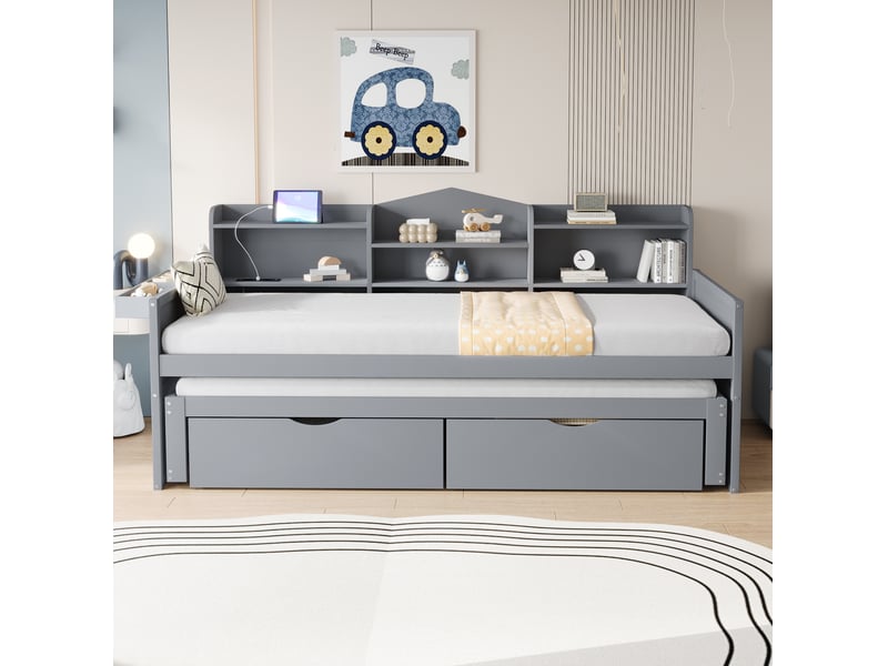  Lit banquette gigogne 90x200+90x190cm, usb, tiroirs, sommier, lit enfant 2 places, style moderne, mdf, gris sans matelas  - Conforama D