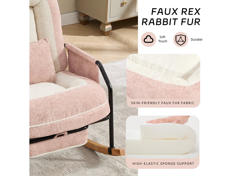  Chaise à bascule - 80 x 87 x 95 cm - rose - fauteuil à rocker inclinable avec repose-pieds et fausse fourrure  - Conforama E