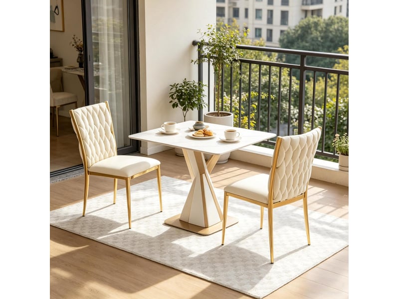  Lot de 2 chaises de salle à manger à dossier haut rembourré, pieds réglables en velours blanc crème et doré  - Conforama D