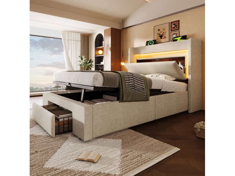  Modenvie lit coffre 90x200 cm - rangement hydraulique, led et ports usb usb-c, matelas inclus - beige  - Conforama E