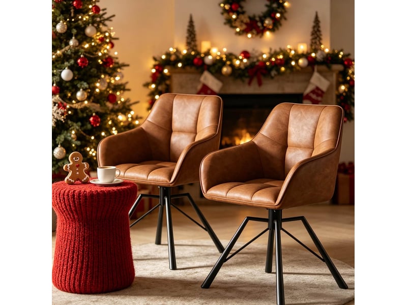  Fauteuil de salle à manger avec siège large et dossier souple, chaise pivotante 360° en bois et cuir faux  - Conforama D
