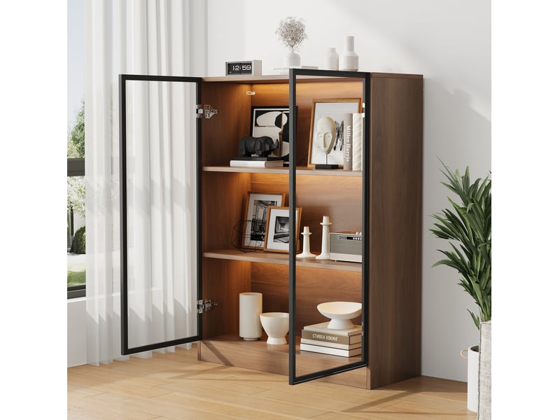 Vitrine led avec 2 portes vitrées et 3 niveaux de rangement pour salon, en verre et panneaux de particules, noyer naturel - Conforama C