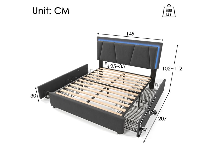  Lit capitonné double 140x200 cm en bois gris, éclairage led, quatre tiroirs, tête ajustable, livré sans matelas  - Conforama B
