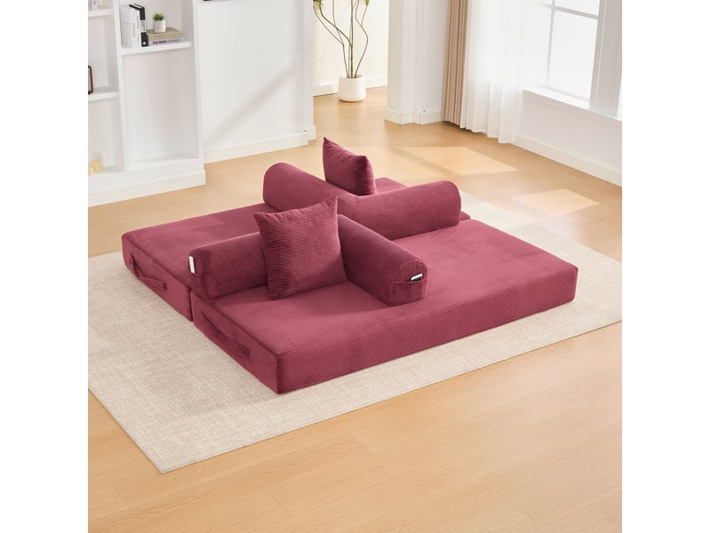 Canapé 3 places modulable en velours côtelé rouge bordeaux avec 3 coussins et poche latérale pour le salon - Conforama E