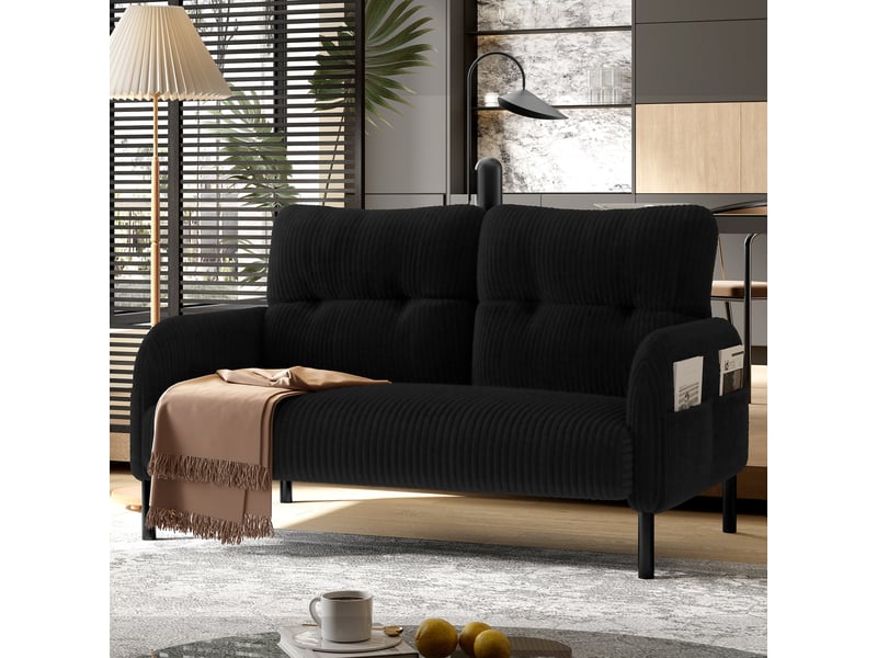  Canapé droit 2 places 120x75 cm avec poches latérales, velours côtelé noir Morn Vibe - Conforama B