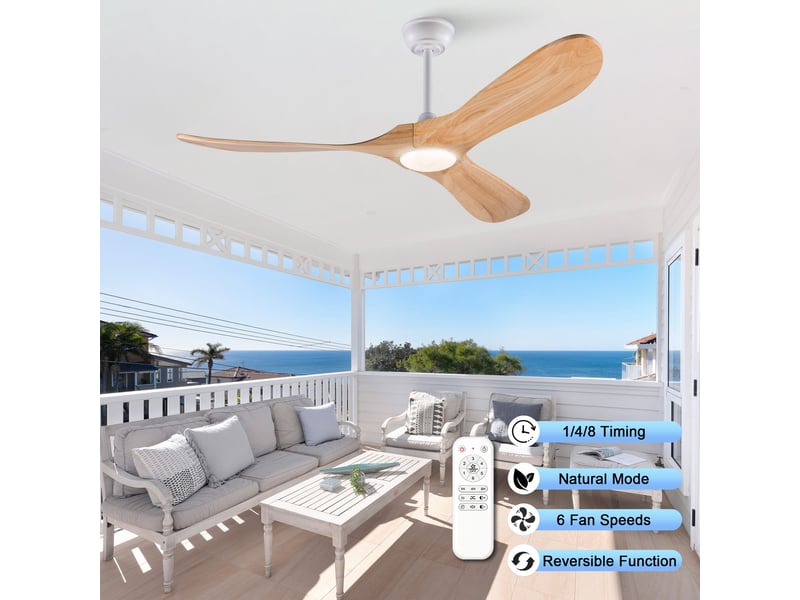  Ventilateur de plafond 132 cm éclairage led 3 couleurs dimmable 3 pales bois massif naturel et blanc réversible 6 vitesses  - Conforama D