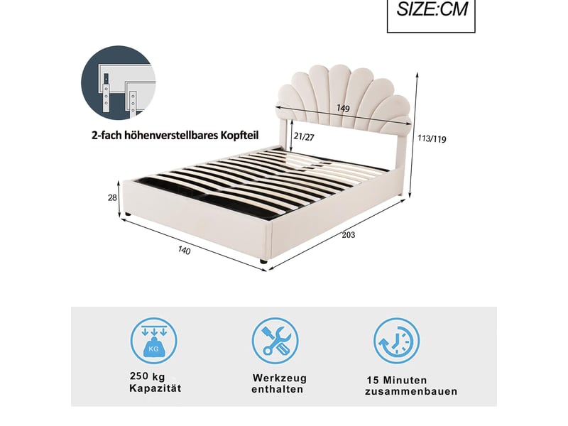 Lit coffre enfant 140x200 cm, espace de rangement, tête de lit réglable, sommier, velours beige, sans matelas - Conforama C