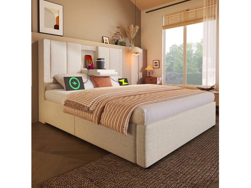  Lit coffre 1 place 90 x 200 cm beige avec matelas, sommier à lattes et station de charge  - Conforama D