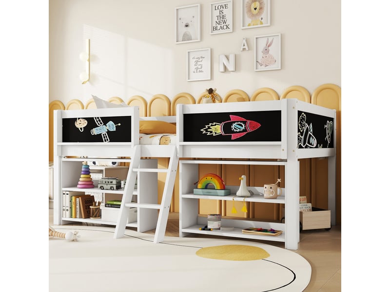  Lit simple 90×200 cm avec plusieurs étagères de rangement, lit enfant avec balustrade et échelle, cadre de lit en bois de pin, blanc  - Conforama A