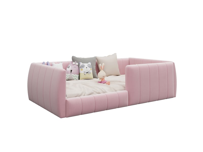  Lit banquette enfant 90 × 200 cm, capitonné avec barrières, rose  - Conforama A