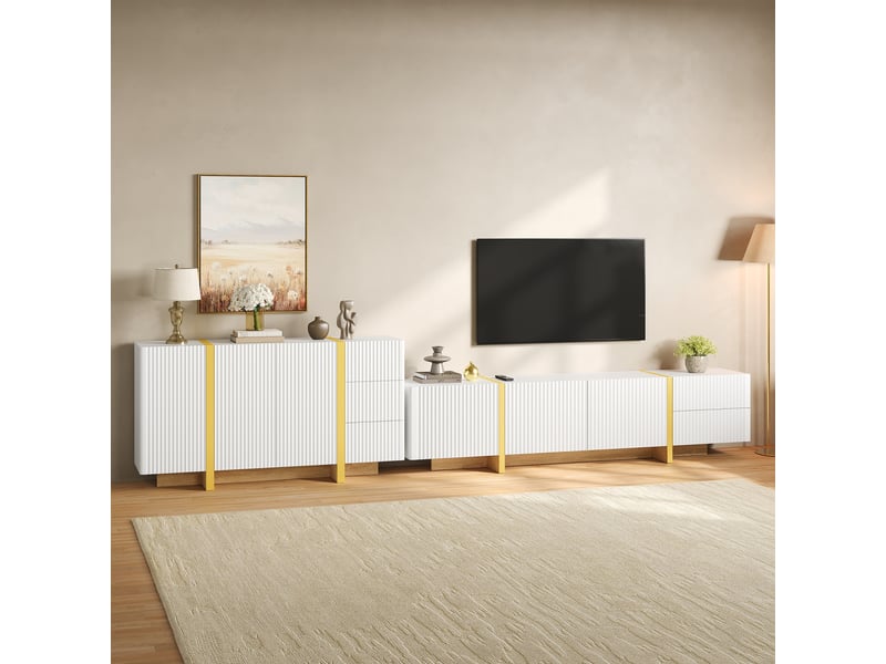  Ensemble meuble tv et sideboard blanc et riné avec éléments dorés – design moderne et rangement  - Conforama E