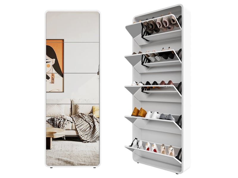  Meuble à chaussures 5 tiroirs rabattables façade miroir design cintré autoportant blanc  - Conforama A