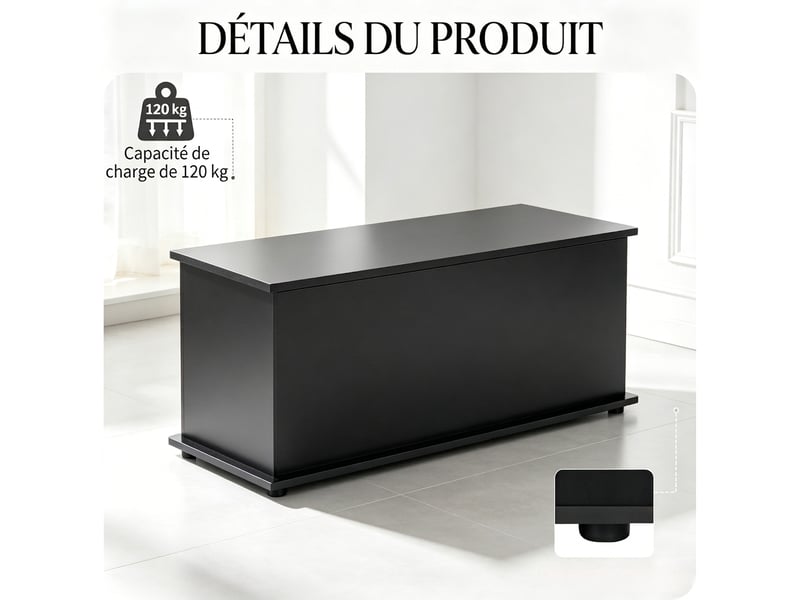  Banc coffre de rangement noir avec couvercle, structure en bois, 100x40x40 cm  - Conforama D