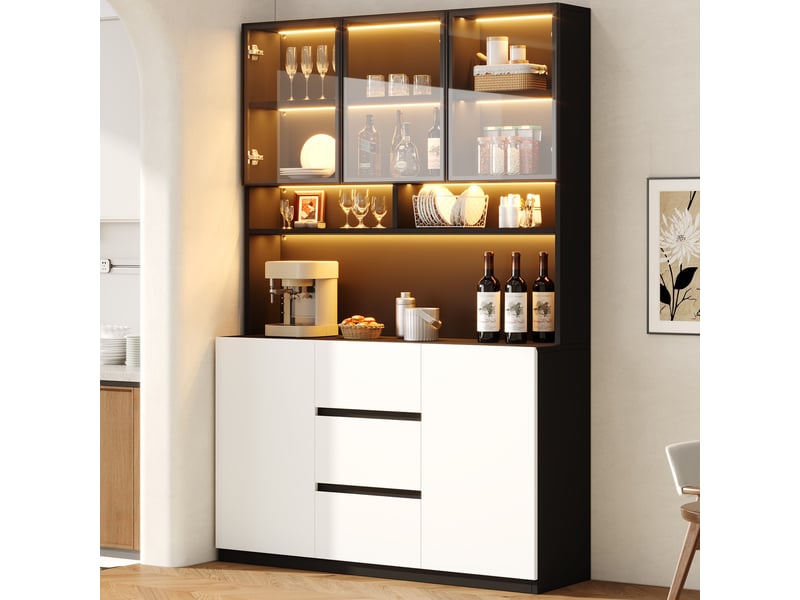  Buffet - 120 x 38 x 200 cm - meuble de rangement de salon avec led, portes en verre gris, 2 portes et 3 tiroirs - noir  - Conforama B