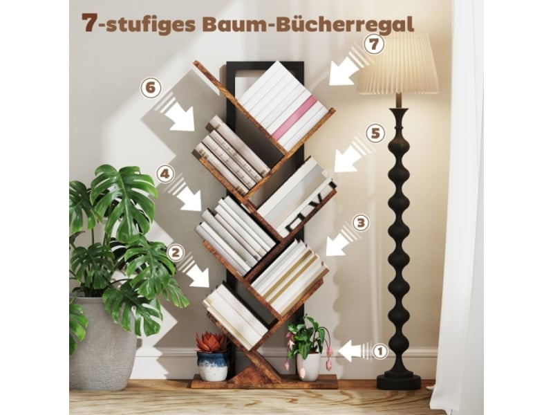  Bibliothèque étroite 7 niveaux, design arbre, style rustique, marron, pour bureau  - Conforama D