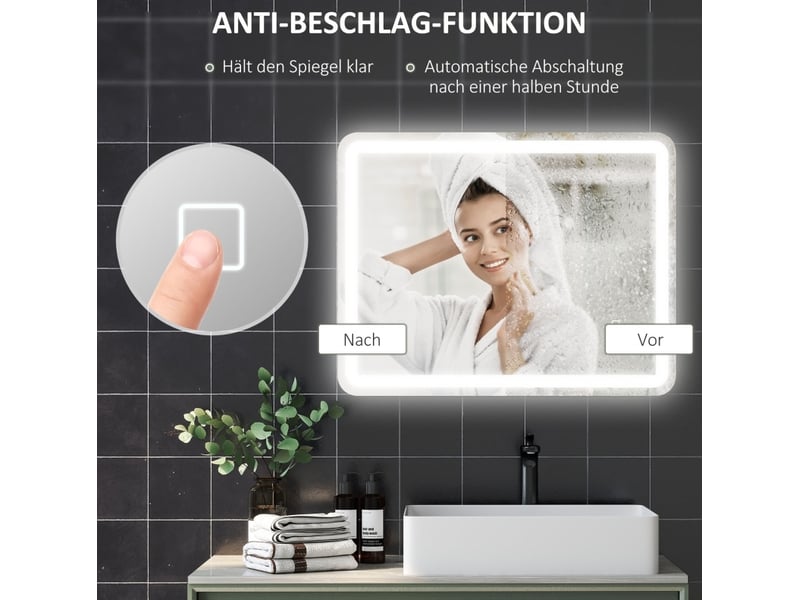  Miroir de salle de bains éclairé 70x90 cm tactile anti-buée argent  - Conforama D