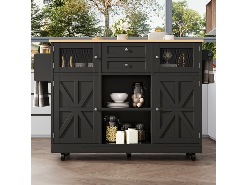  Desserte cuisine, îlot central sur roulettes avec plan de travail, plateau extensible, 2 tiroirs, dimensions 140 x 40 x 93,5 cm, mdf, noir  - Conforama B