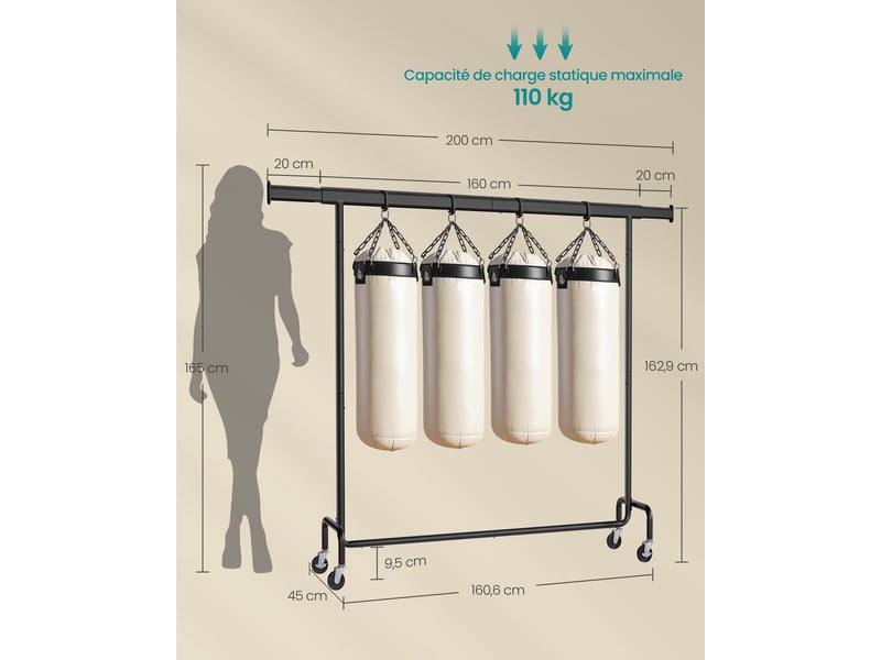  Portant à vêtements extensible avec roulettes capacité 110 kg 45 x 160 x 162,9 cm en métal noir mat 12_0012117  - Conforama B