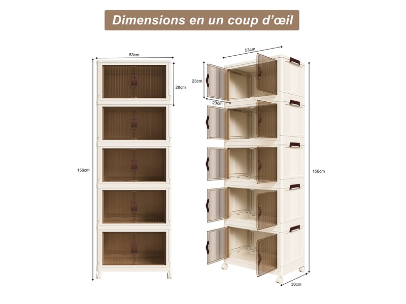  Armoire de rangement pliable 53x30x156 cm avec 5 niveaux portes magnétiques, 4 roulettes pivotantes, couleur blanche  - Conforama C