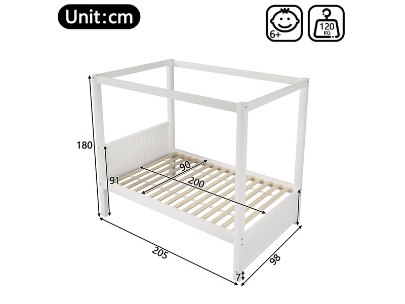 Lit à baldaquin 90x200 cm en pin et mdf blanc avec cadre de toit ouvert - Conforama C