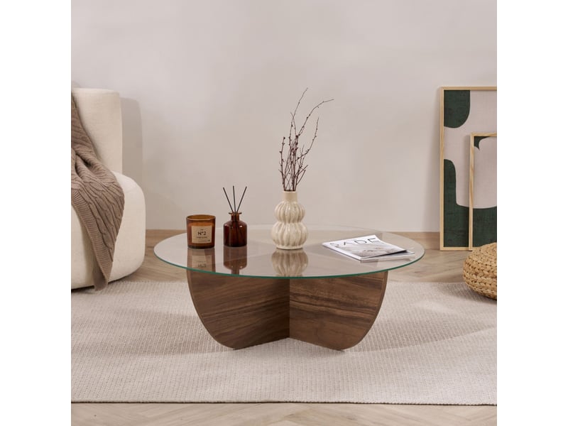  Table basse de salon en verre trempé et bois mdf mélaminé noyer 90 x 90 x 30 cm  - Conforama D
