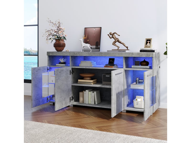 Buffet avec portes vitrées, 6 compartiments et éclairage led, effet béton gris, 140 × 40 × 70 cm - Conforama C