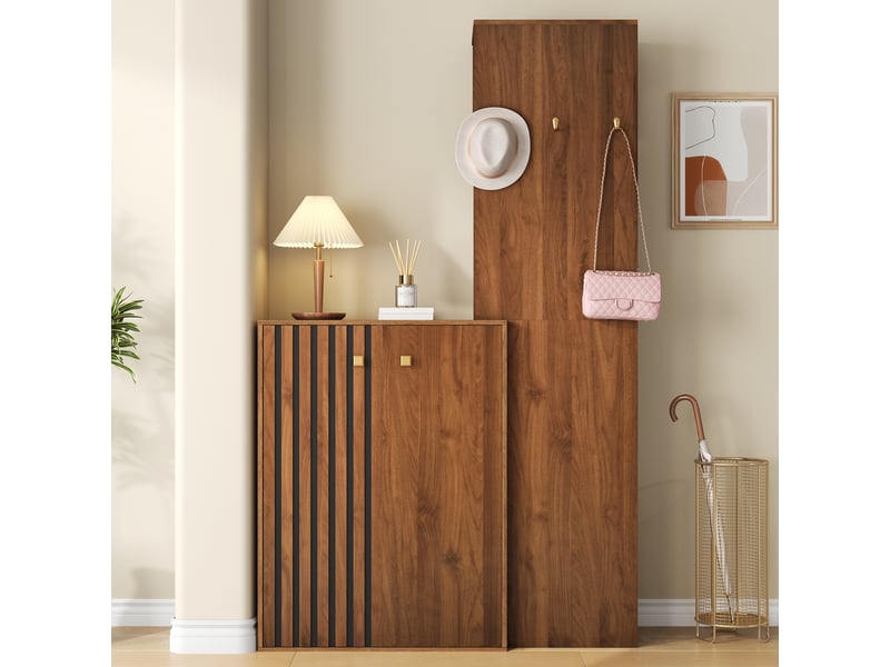  Meuble d'entrée avec armoire à chaussures, tringle, crochets et étagères réglables en mdf noyer 115×38,5×191,5 cm  - Conforama C