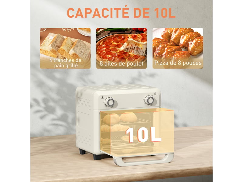  10l friteuse sans huile mini four à air chaud 1 000 w avec température réglable 80°c-230°c, 32x27,2x29,8cm, minuterie  - Conforama A