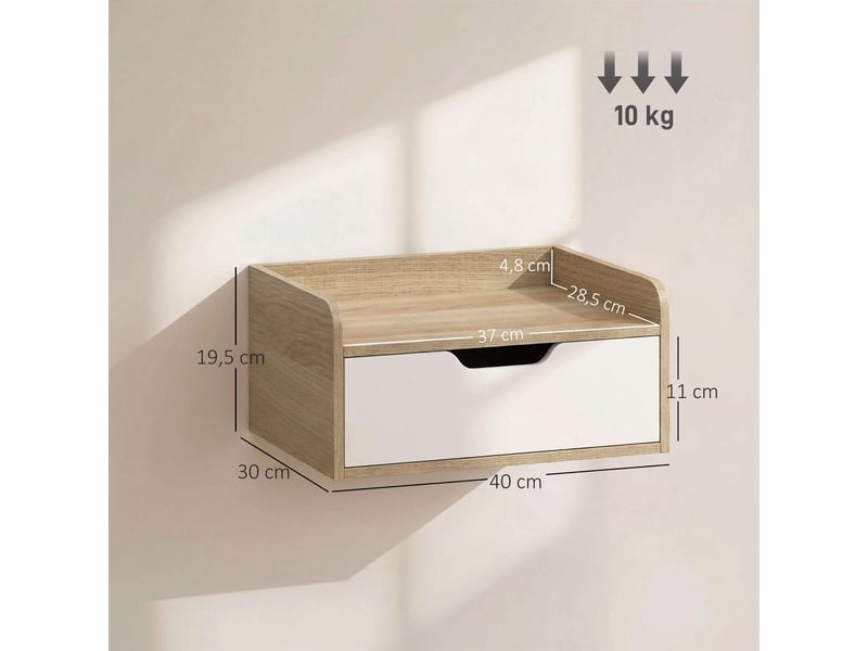 Lot de 2 tables de chevet murales, tables de nuit avec tiroir et plateau à rebords surélevés, bois naturel, 40x30x19,5cm  - Conforama C