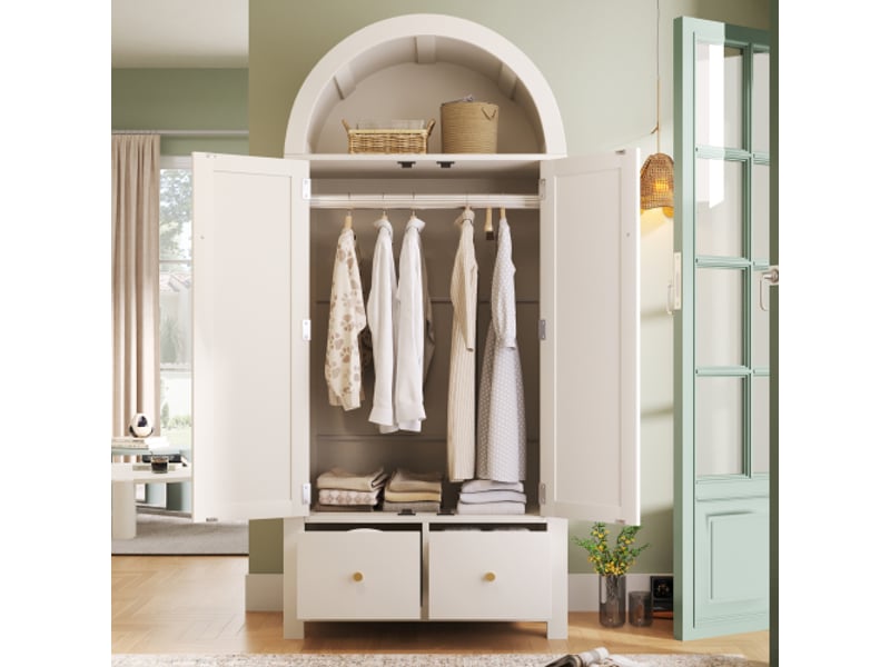  Armoire 181x78x45 cm style campagnard blanc, tressage en rotin, 2 portes magnétiques + 2 tiroirs, étagère semi-circulaire  - Conforama C