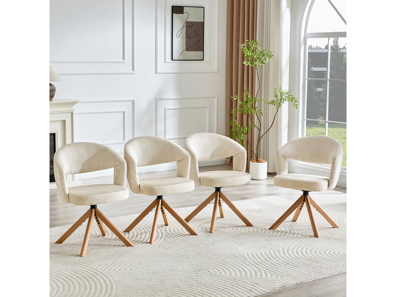 Chaise de salle à manger pivotante 2 pièces avec dossier courbé et base en bois, en velours côtelé, blanc crème - Conforama B