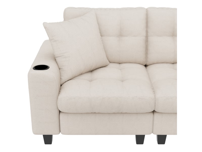 Canapé modulable 5 pl 216,5x216,5x83cm, canapé d'angle avec repose pides, rangement, confort pour salon, chenille beige  - Conforama R