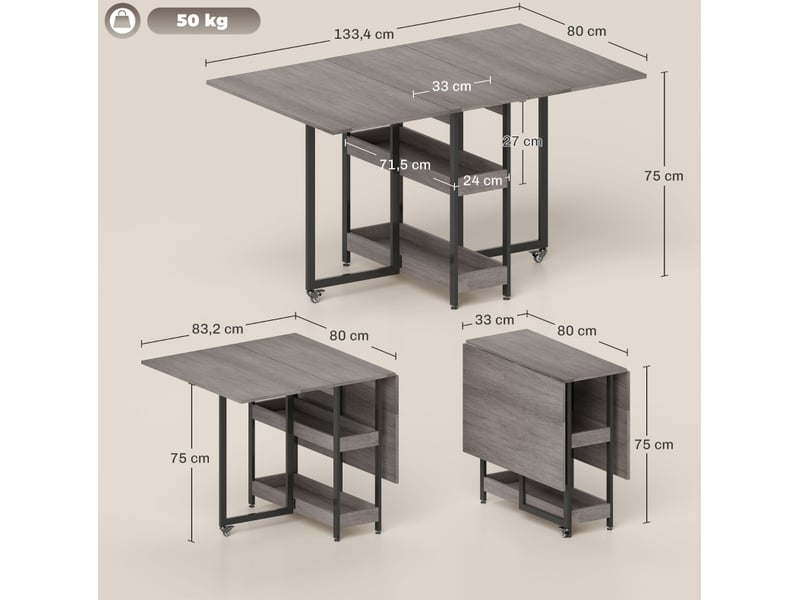  Table à manger pliante mobile 133,4 x 80 cm avec 2 rangements ouverts, grise  - Conforama C