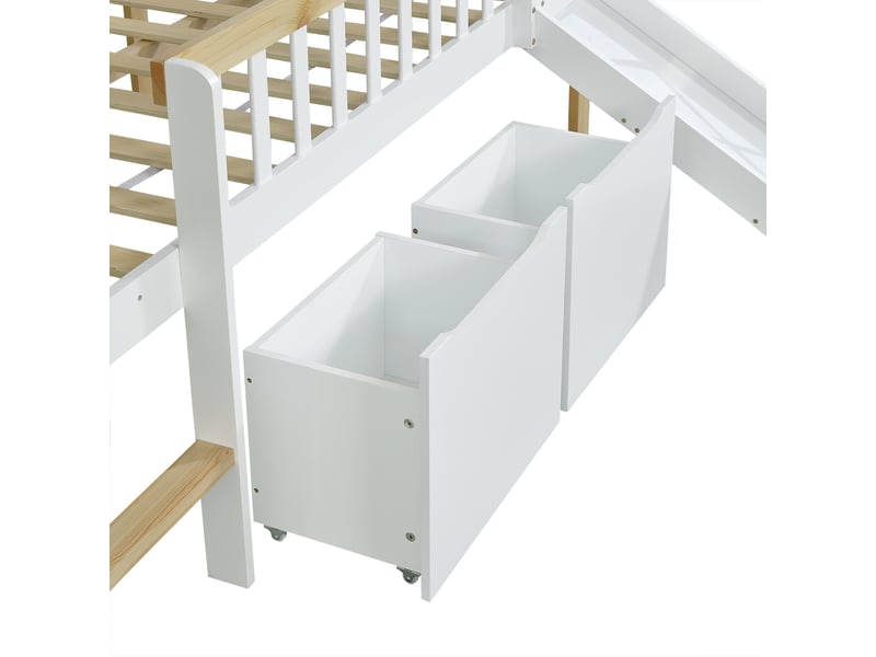  Lit mezzanine enfant 120 x 200 cm - avec 2 tiroirs - avec toboggan et échelle - guirlande lumineuse à disposition libre - blanc + naturel  - Conforama W