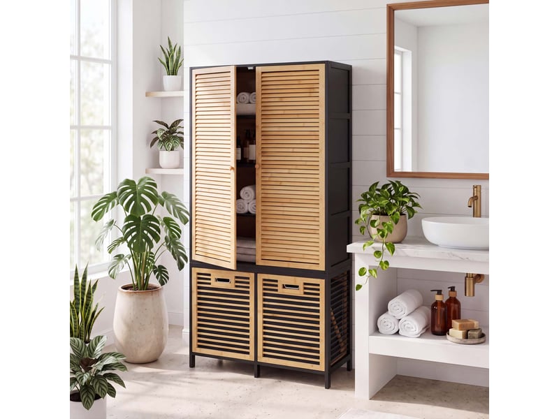  Armoire de salle de bains en bambou hwc-n83, étagère de salle de bains, 2 paniers à linge, portes mvg 168 x 82 x 34 cm - naturel-noir, panier anthracite  - Conforama B