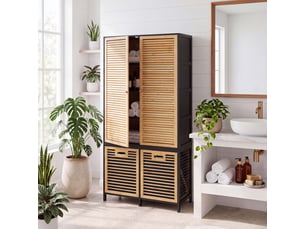 Armoire de salle de bains en bambou hwc-n83, étagère de salle de bains, 2 paniers à linge, portes mvg 168 x 82 x 34 cm - naturel-noir, panier anthracite